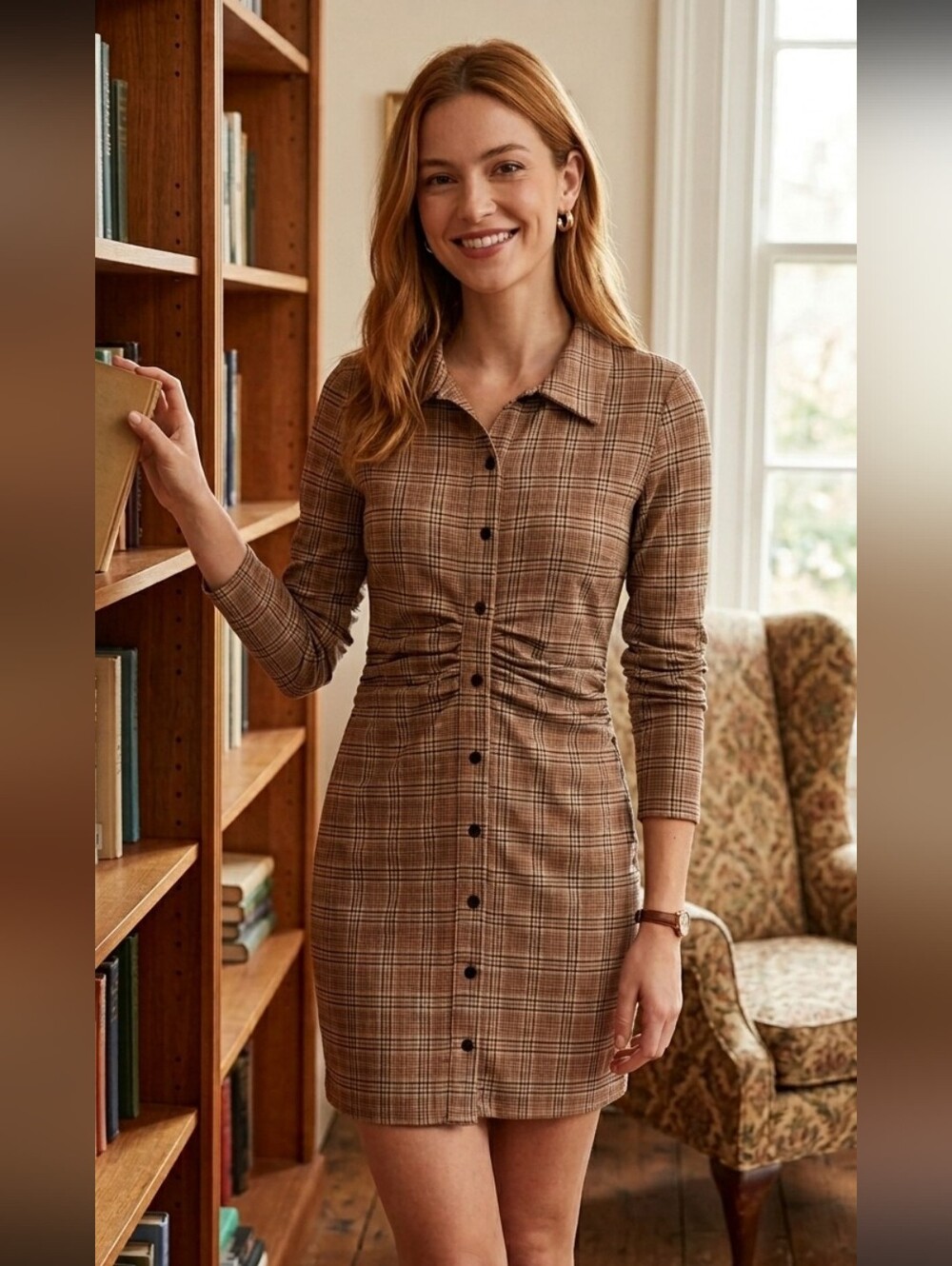 Zara Long-Sleeve Button-Down Brown Squared Dress Small